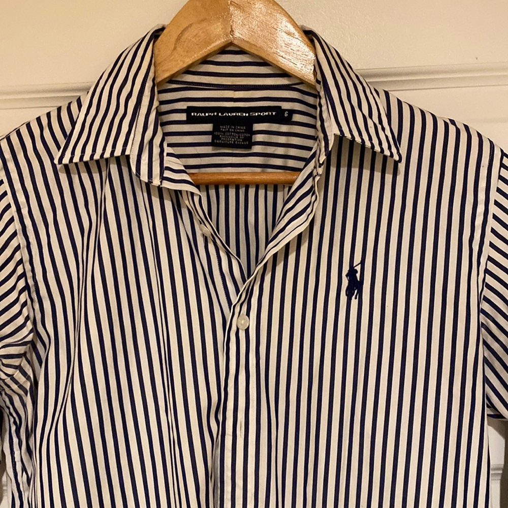 Ralph Lauren sport blue and white striped button up shirt. Size 6. 100% cotton.
